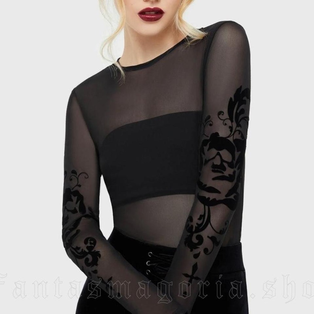 killstar eerie edith top black sheer mesh top‎